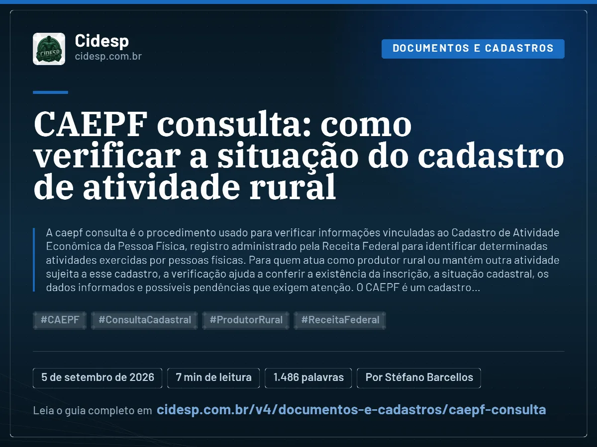 Cartão do artigo “CAEPF consulta: como verificar a situação do cadastro de atividade rural”, com resumo, data de publicação e endereço da página.