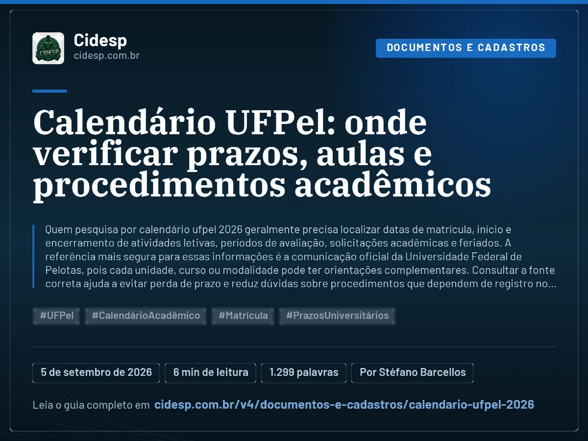 Cartão do artigo “Calendário UFPel: onde verificar prazos, aulas e procedimentos acadêmicos”, com resumo, data de publicação e endereço da página.