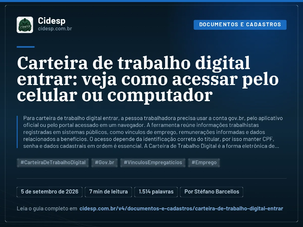 Cartão do artigo “Carteira de trabalho digital entrar: veja como acessar pelo celular ou computador”, com resumo, data de publicação e endereço da página.