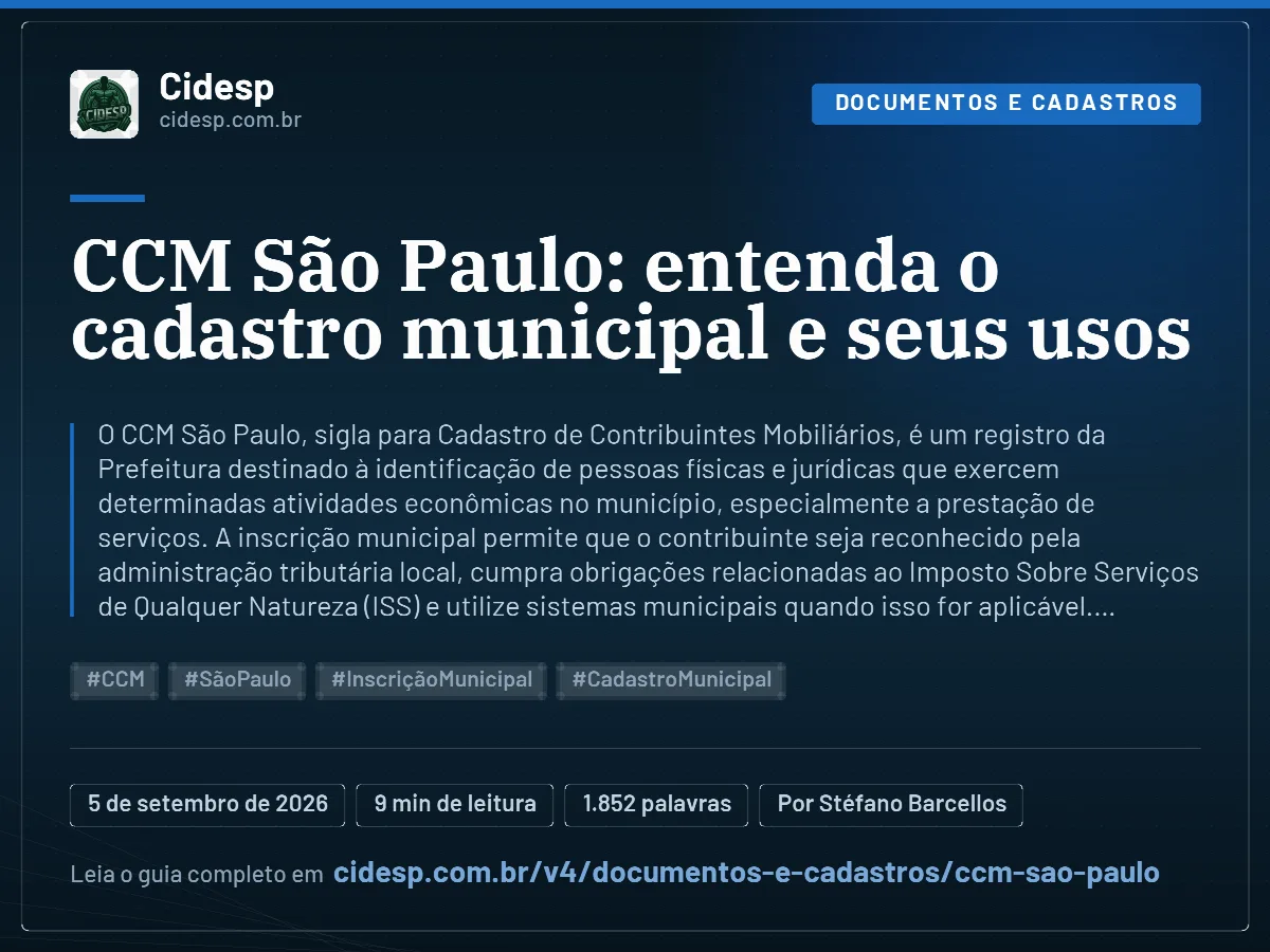 Cartão do artigo “CCM São Paulo: entenda o cadastro municipal e seus usos”, com resumo, data de publicação e endereço da página.