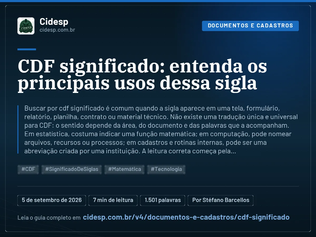 Cartão do artigo “CDF significado: entenda os principais usos dessa sigla”, com resumo, data de publicação e endereço da página.