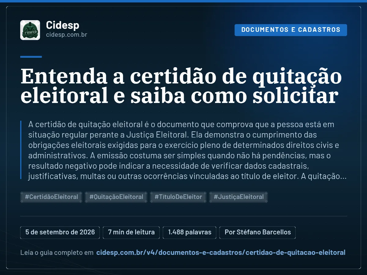 Cartão do artigo “Entenda a certidão de quitação eleitoral e saiba como solicitar”, com resumo, data de publicação e endereço da página.