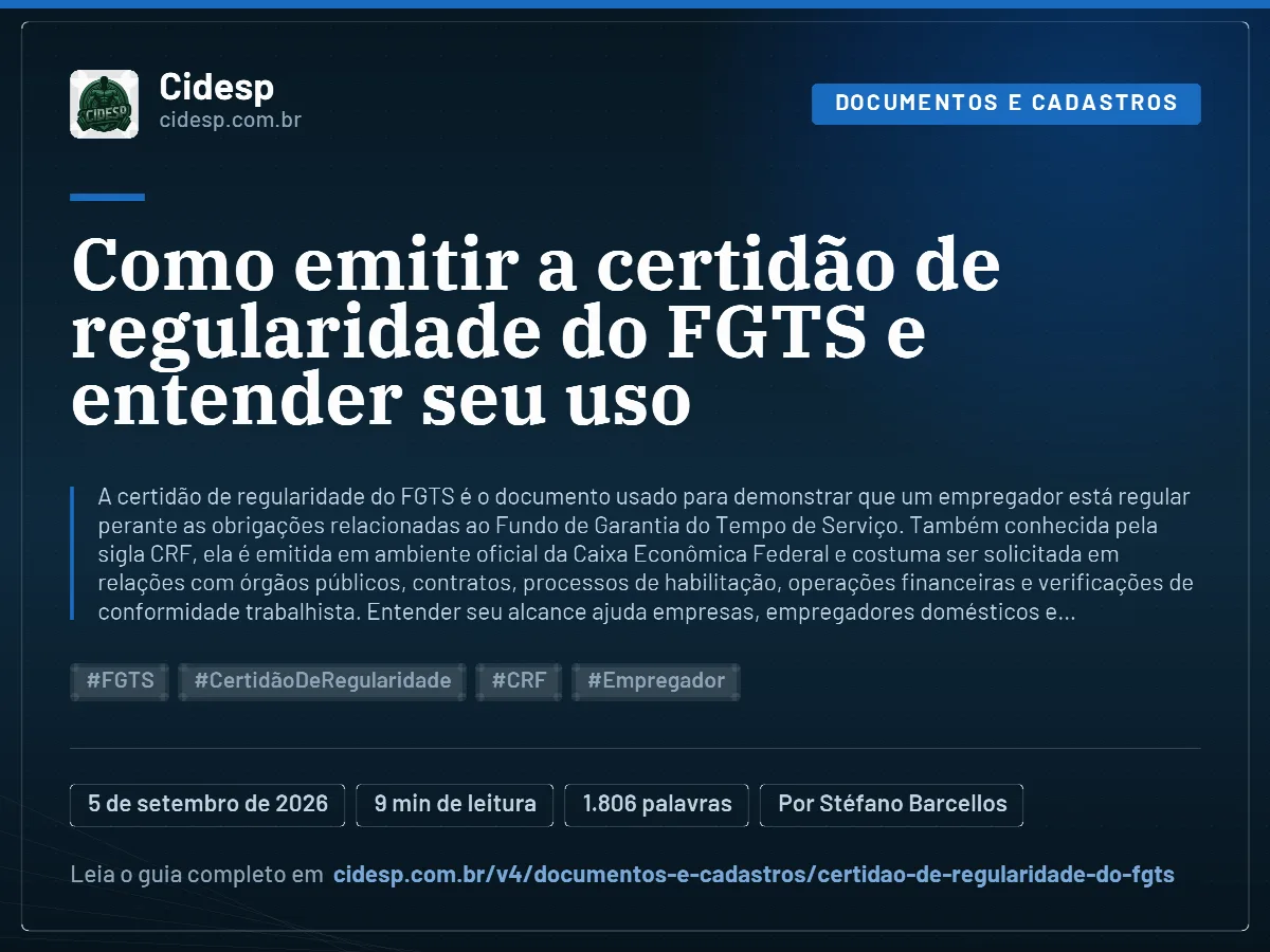 Cartão do artigo “Como emitir a certidão de regularidade do FGTS e entender seu uso”, com resumo, data de publicação e endereço da página.
