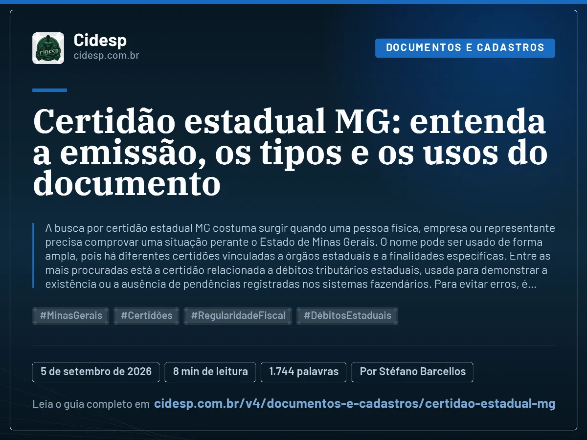 Cartão do artigo “Certidão estadual MG: entenda a emissão, os tipos e os usos do documento”, com resumo, data de publicação e endereço da página.