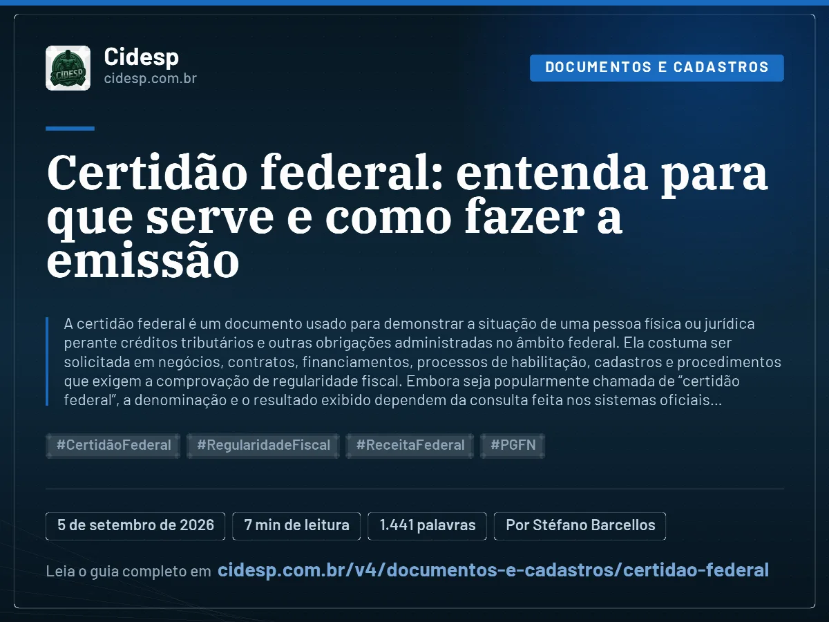 Cartão do artigo “Certidão federal: entenda para que serve e como fazer a emissão”, com resumo, data de publicação e endereço da página.