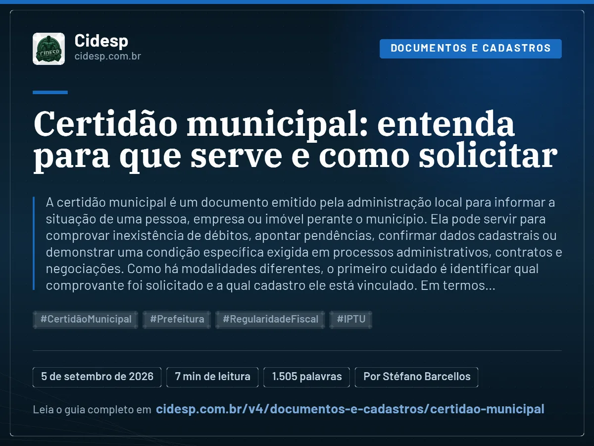 Cartão do artigo “Certidão municipal: entenda para que serve e como solicitar”, com resumo, data de publicação e endereço da página.