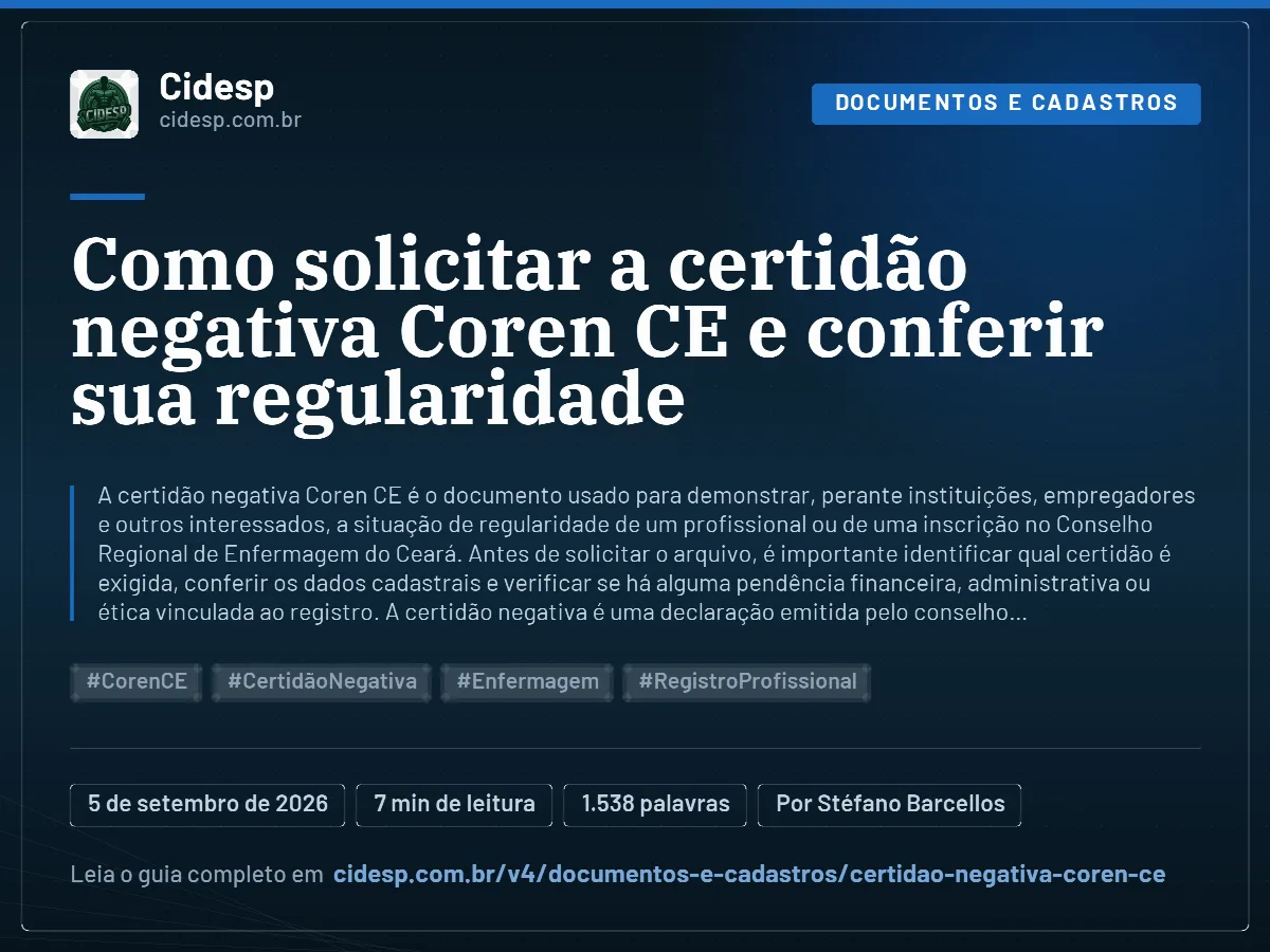 Cartão do artigo “Como solicitar a certidão negativa Coren CE e conferir sua regularidade”, com resumo, data de publicação e endereço da página.