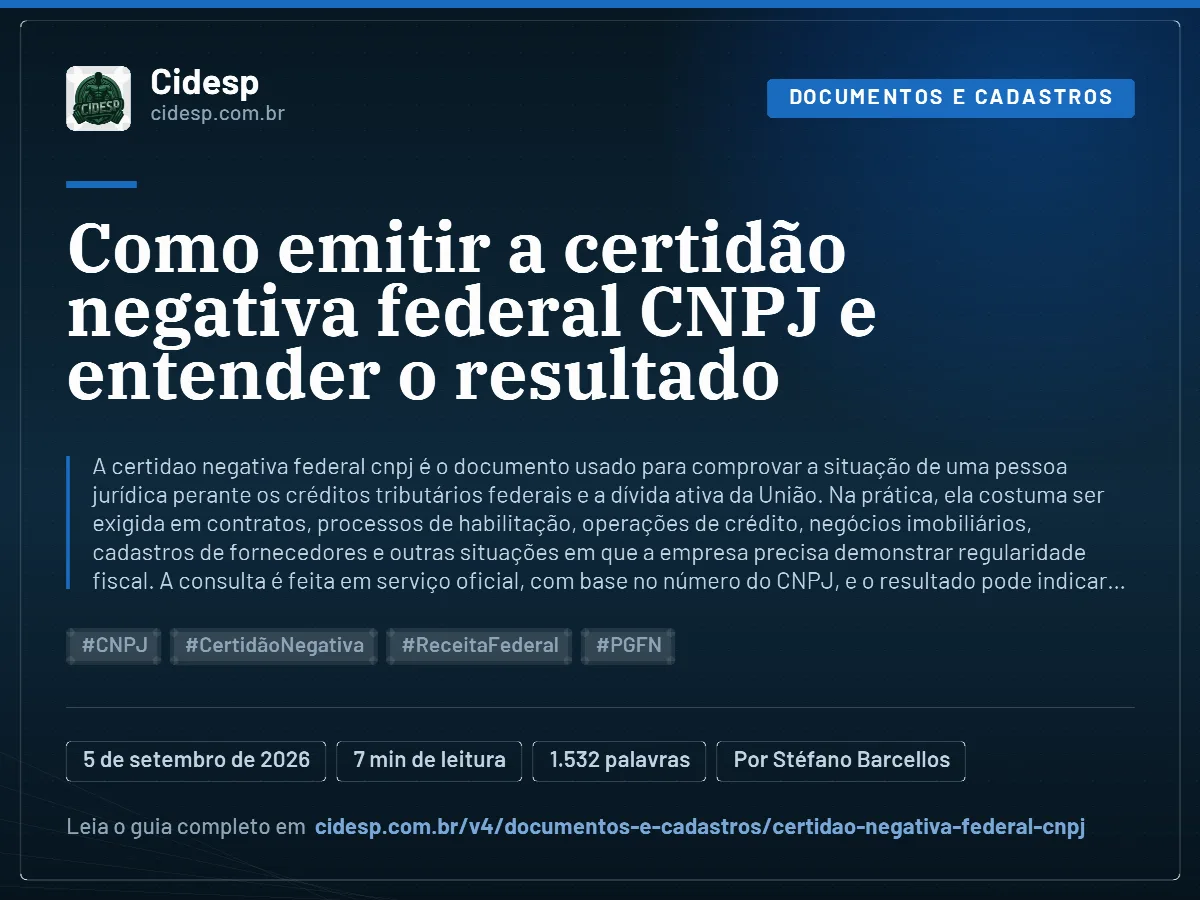Cartão do artigo “Como emitir a certidão negativa federal CNPJ e entender o resultado”, com resumo, data de publicação e endereço da página.