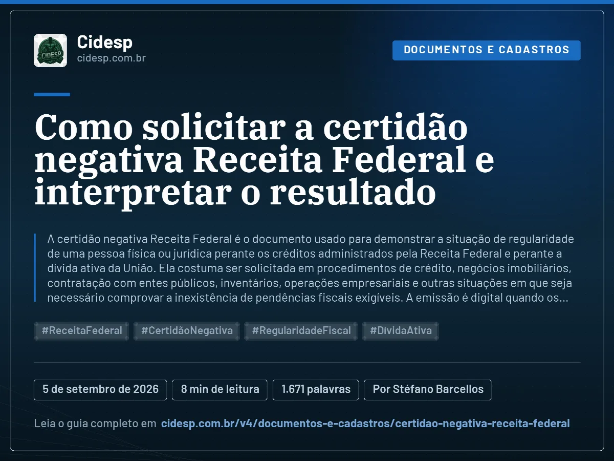 Cartão do artigo “Como solicitar a certidão negativa Receita Federal e interpretar o resultado”, com resumo, data de publicação e endereço da página.