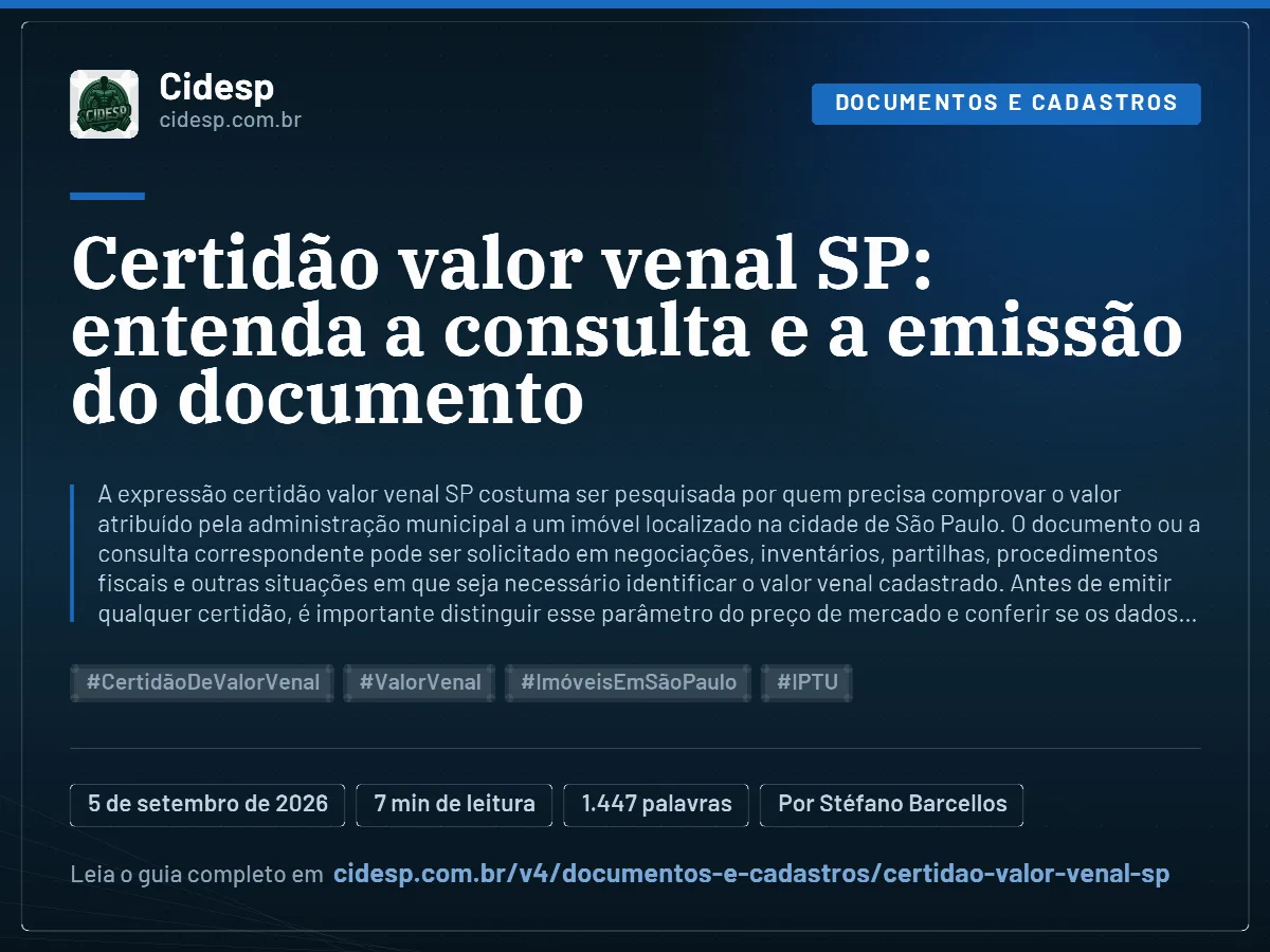 Cartão do artigo “Certidão valor venal SP: entenda a consulta e a emissão do documento”, com resumo, data de publicação e endereço da página.