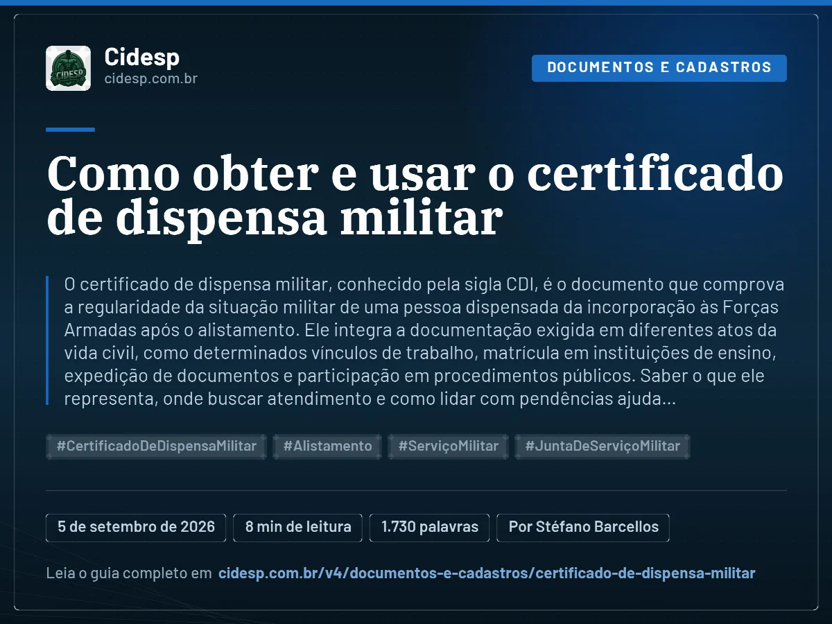 Cartão do artigo “Como obter e usar o certificado de dispensa militar”, com resumo, data de publicação e endereço da página.
