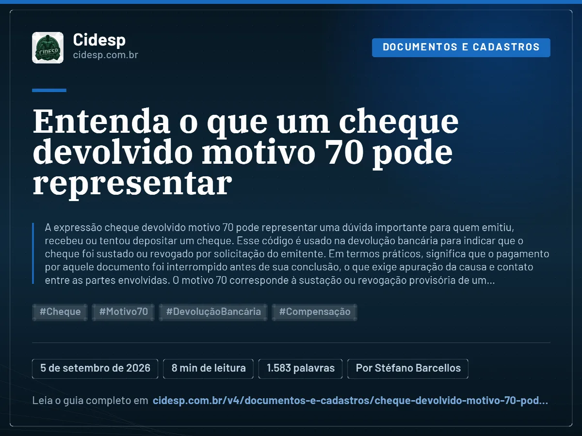 Cartão do artigo “Entenda o que um cheque devolvido motivo 70 pode representar”, com resumo, data de publicação e endereço da página.