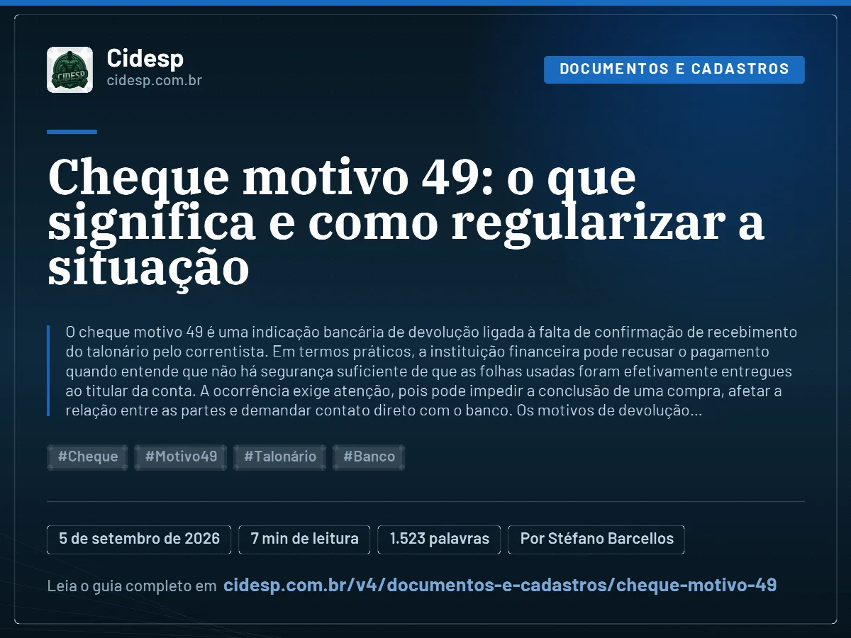 Cartão do artigo “Cheque motivo 49: o que significa e como regularizar a situação”, com resumo, data de publicação e endereço da página.