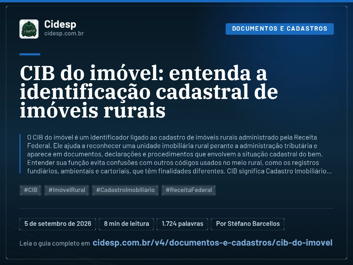Cartão do artigo “CIB do imóvel: entenda a identificação cadastral de imóveis rurais”, com resumo, data de publicação e endereço da página.