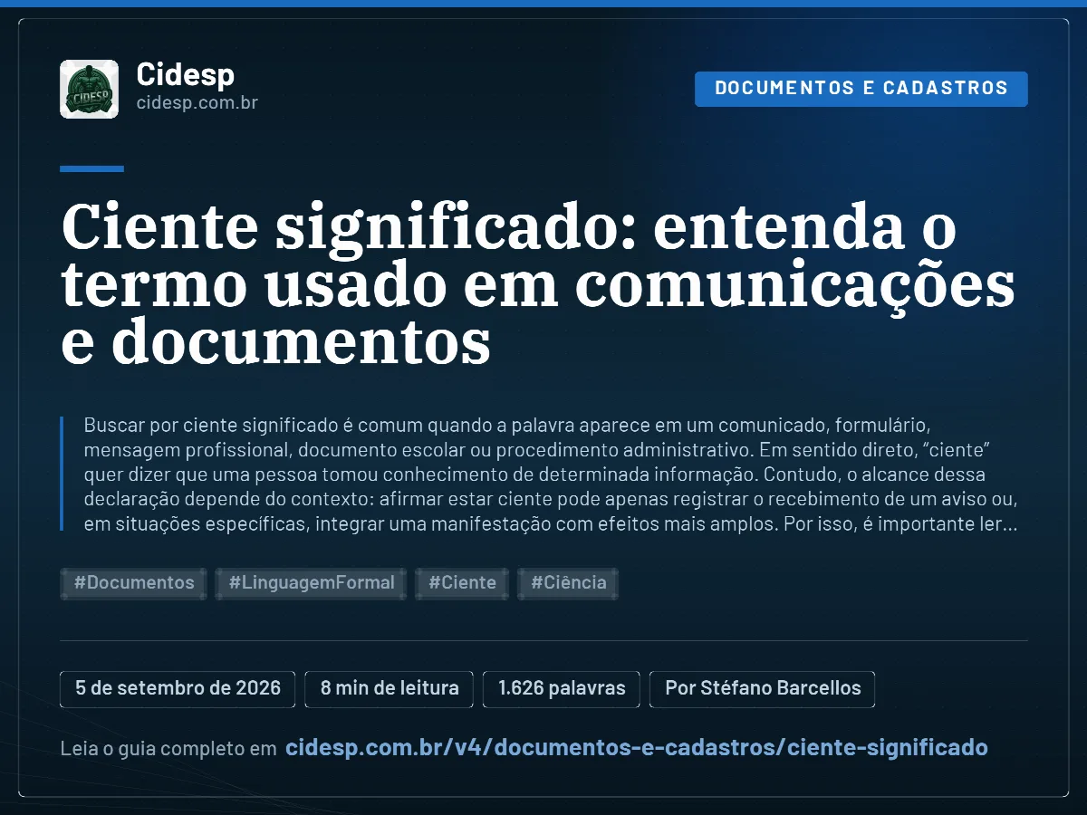 Cartão do artigo “Ciente significado: entenda o termo usado em comunicações e documentos”, com resumo, data de publicação e endereço da página.