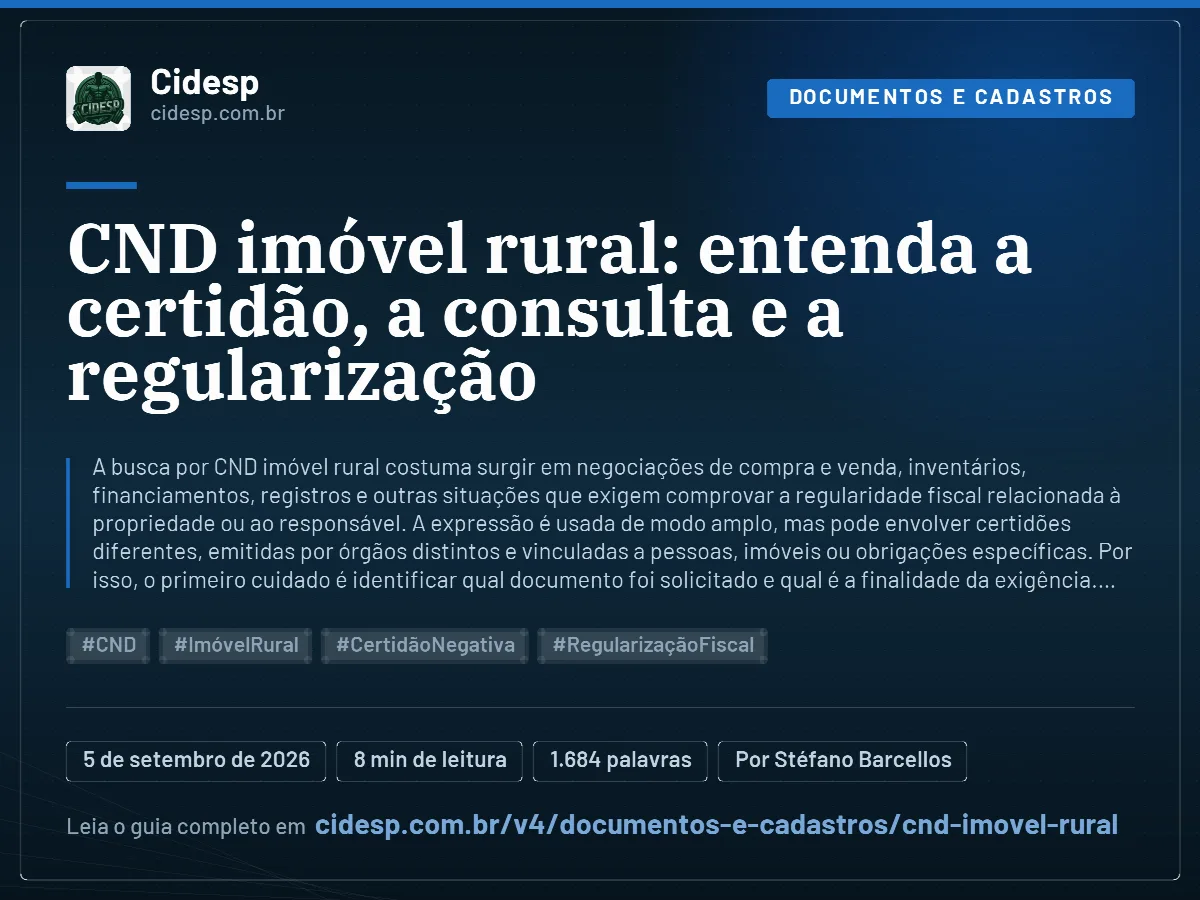 Cartão do artigo “CND imóvel rural: entenda a certidão, a consulta e a regularização”, com resumo, data de publicação e endereço da página.