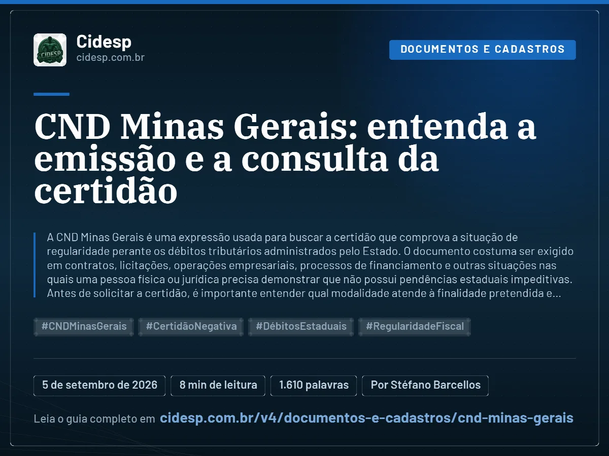Cartão do artigo “CND Minas Gerais: entenda a emissão e a consulta da certidão”, com resumo, data de publicação e endereço da página.