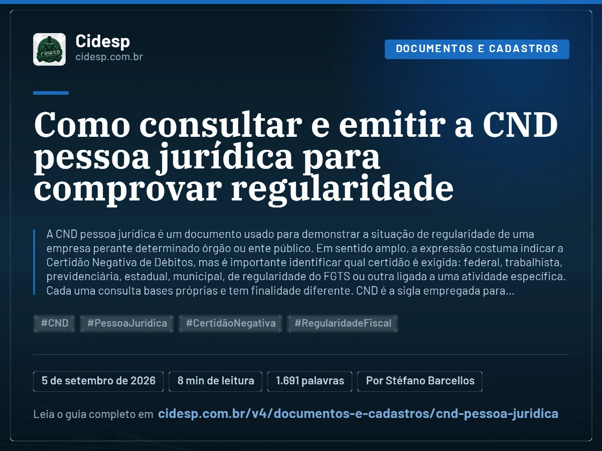 Cartão do artigo “Como consultar e emitir a CND pessoa jurídica para comprovar regularidade”, com resumo, data de publicação e endereço da página.