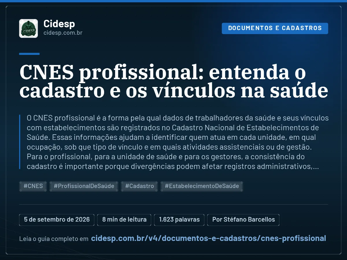 Cartão do artigo “CNES profissional: entenda o cadastro e os vínculos na saúde”, com resumo, data de publicação e endereço da página.