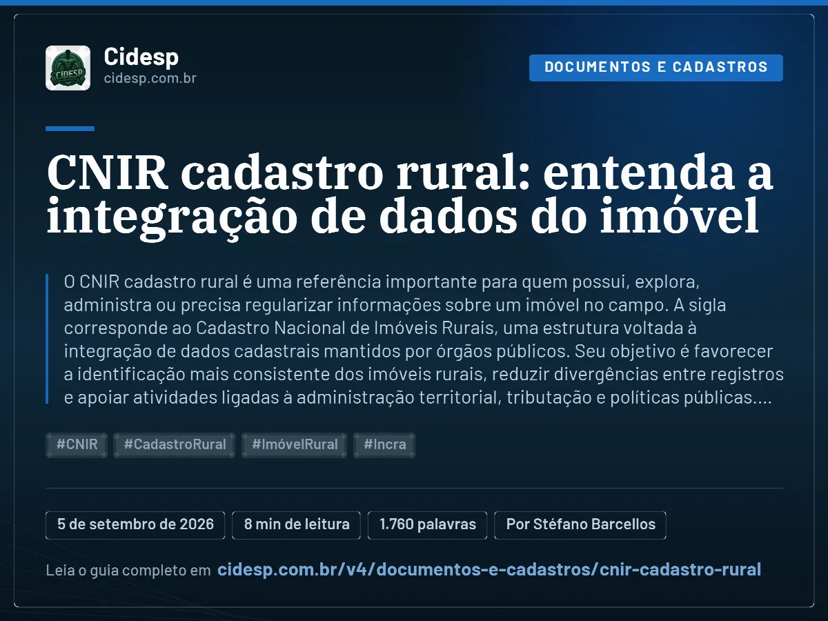 Cartão do artigo “CNIR cadastro rural: entenda a integração de dados do imóvel”, com resumo, data de publicação e endereço da página.