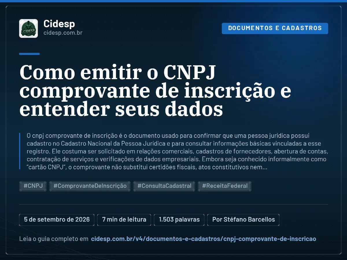 Cartão do artigo “Como emitir o CNPJ comprovante de inscrição e entender seus dados”, com resumo, data de publicação e endereço da página.