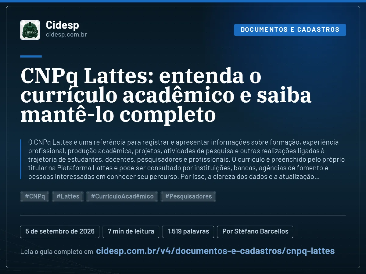 Cartão do artigo “CNPq Lattes: entenda o currículo acadêmico e saiba mantê-lo completo”, com resumo, data de publicação e endereço da página.