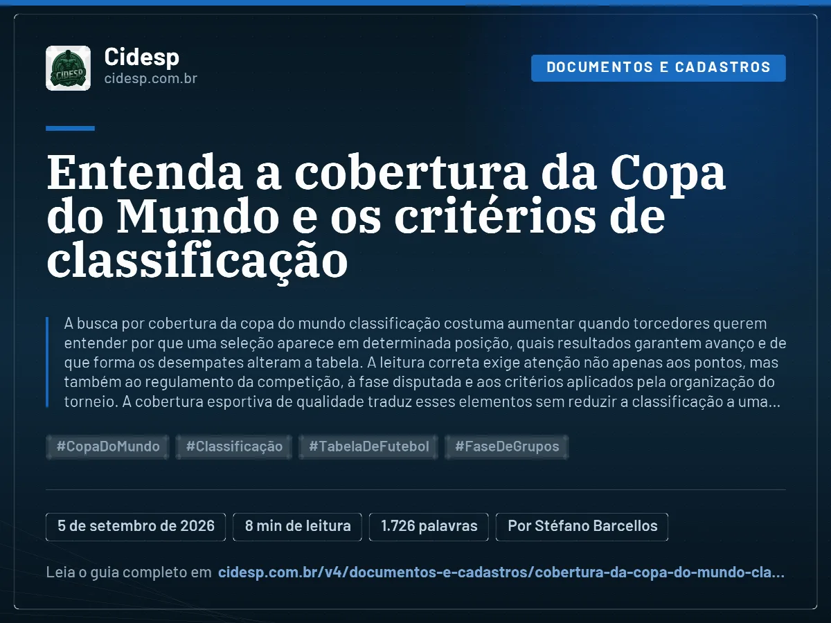 Cartão do artigo “Entenda a cobertura da Copa do Mundo e os critérios de classificação”, com resumo, data de publicação e endereço da página.