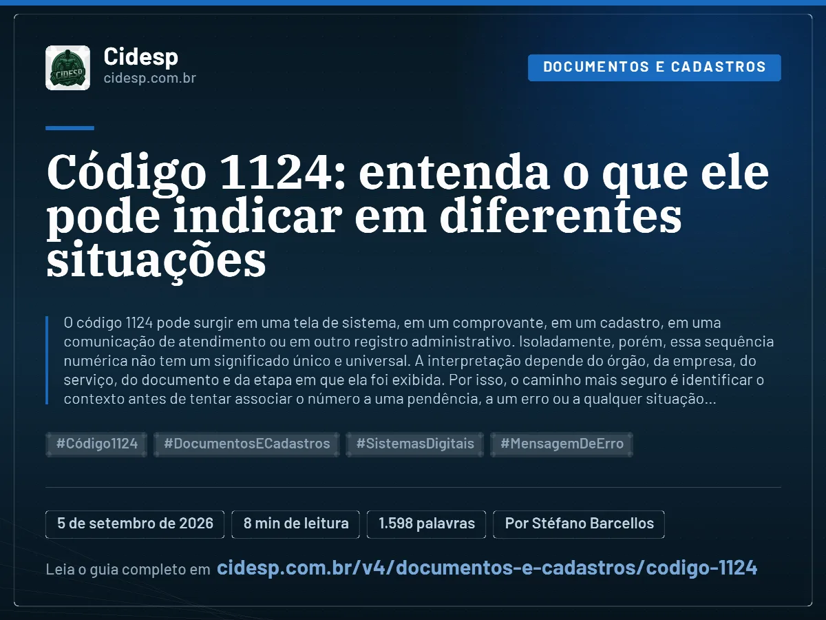 Cartão do artigo “Código 1124: entenda o que ele pode indicar em diferentes situações”, com resumo, data de publicação e endereço da página.