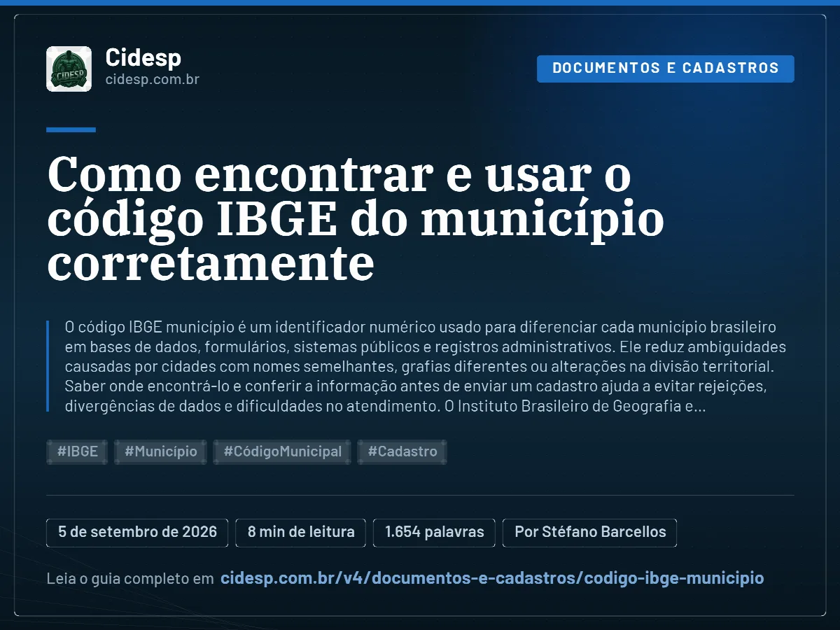 Cartão do artigo “Como encontrar e usar o código IBGE do município corretamente”, com resumo, data de publicação e endereço da página.