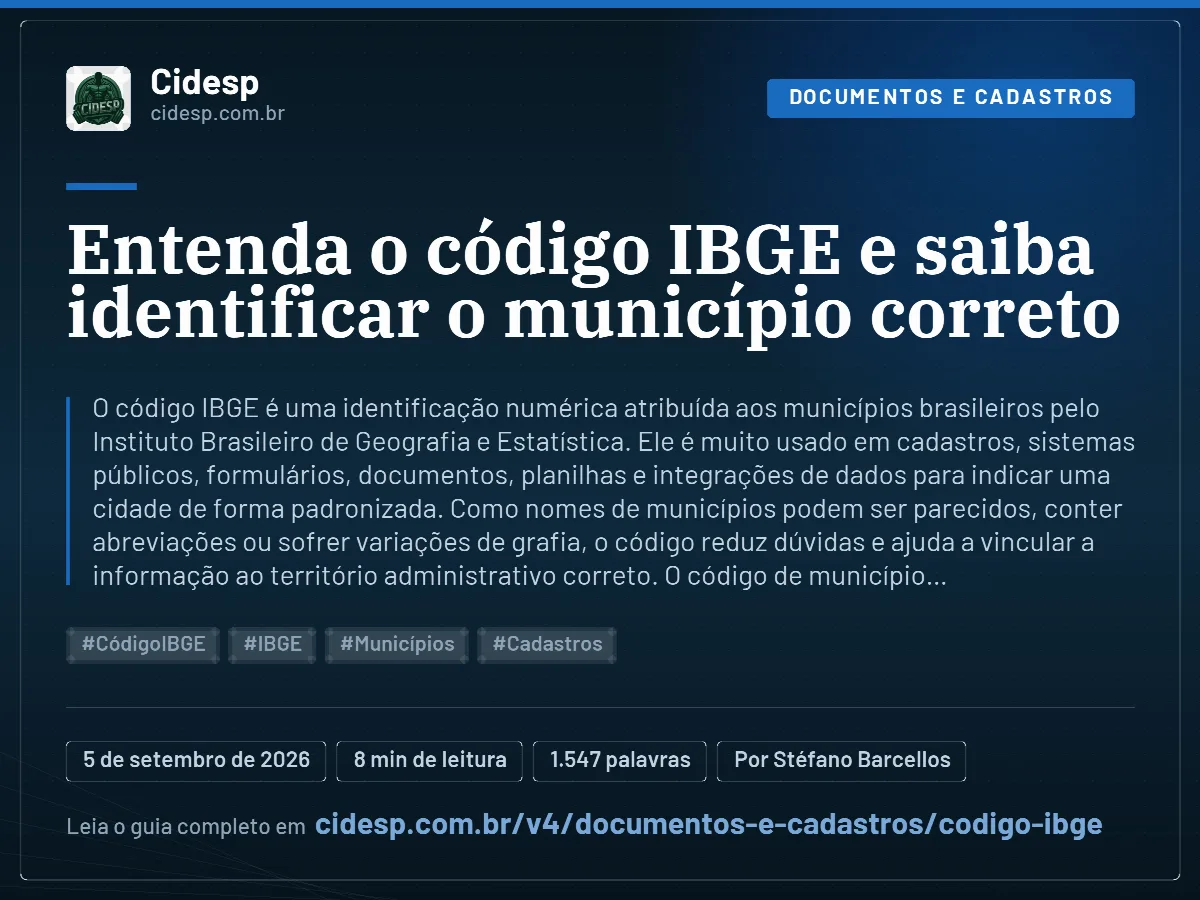 Cartão do artigo “Entenda o código IBGE e saiba identificar o município correto”, com resumo, data de publicação e endereço da página.
