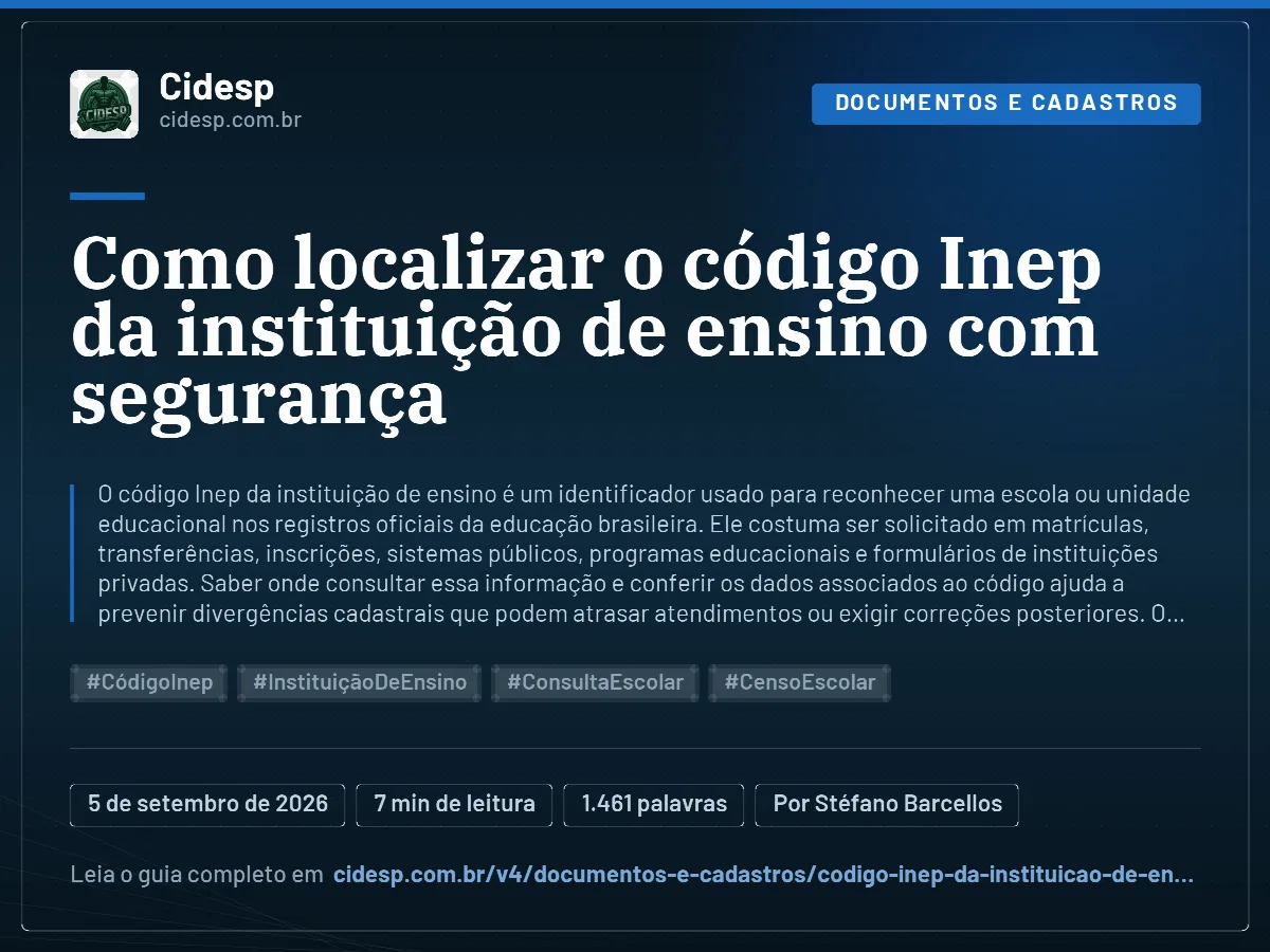 Cartão do artigo “Como localizar o código Inep da instituição de ensino com segurança”, com resumo, data de publicação e endereço da página.