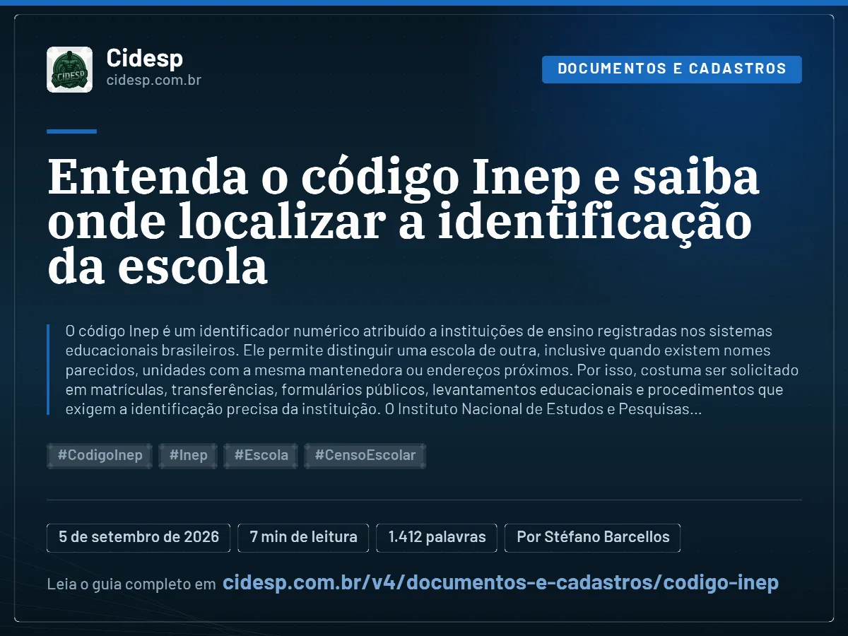 Cartão do artigo “Entenda o código Inep e saiba onde localizar a identificação da escola”, com resumo, data de publicação e endereço da página.