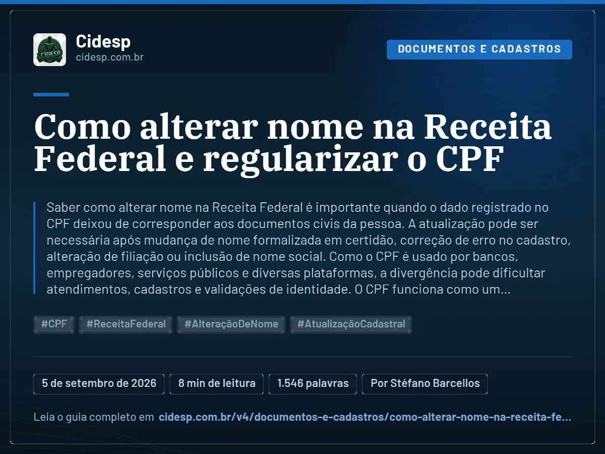 Cartão do artigo “Como alterar nome na Receita Federal e regularizar o CPF”, com resumo, data de publicação e endereço da página.