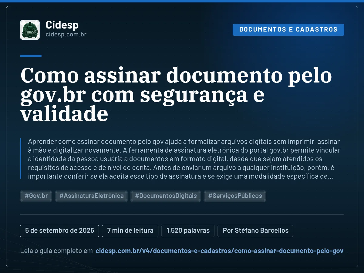 Cartão do artigo “Como assinar documento pelo gov.br com segurança e validade”, com resumo, data de publicação e endereço da página.