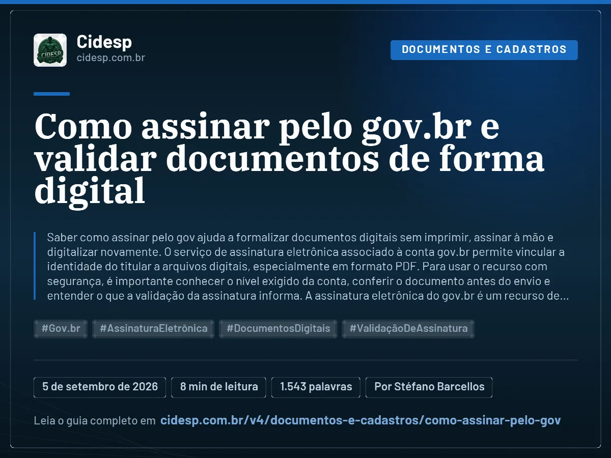 Cartão do artigo “Como assinar pelo gov.br e validar documentos de forma digital”, com resumo, data de publicação e endereço da página.