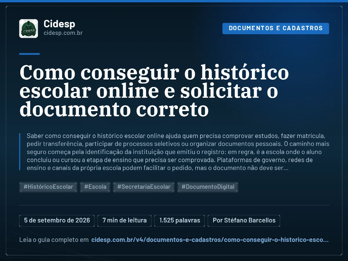 Cartão do artigo “Como conseguir o histórico escolar online e solicitar o documento correto”, com resumo, data de publicação e endereço da página.