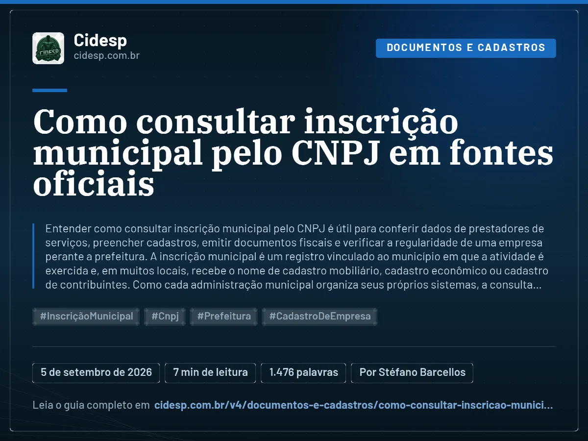 Cartão do artigo “Como consultar inscrição municipal pelo CNPJ em fontes oficiais”, com resumo, data de publicação e endereço da página.