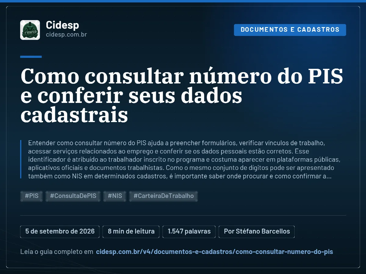 Cartão do artigo “Como consultar número do PIS e conferir seus dados cadastrais”, com resumo, data de publicação e endereço da página.