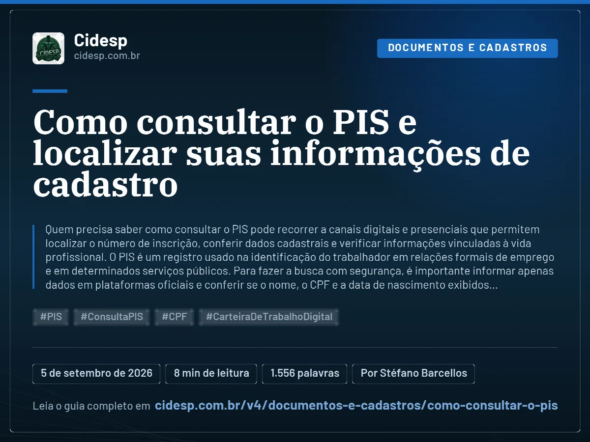 Cartão do artigo “Como consultar o PIS e localizar suas informações de cadastro”, com resumo, data de publicação e endereço da página.