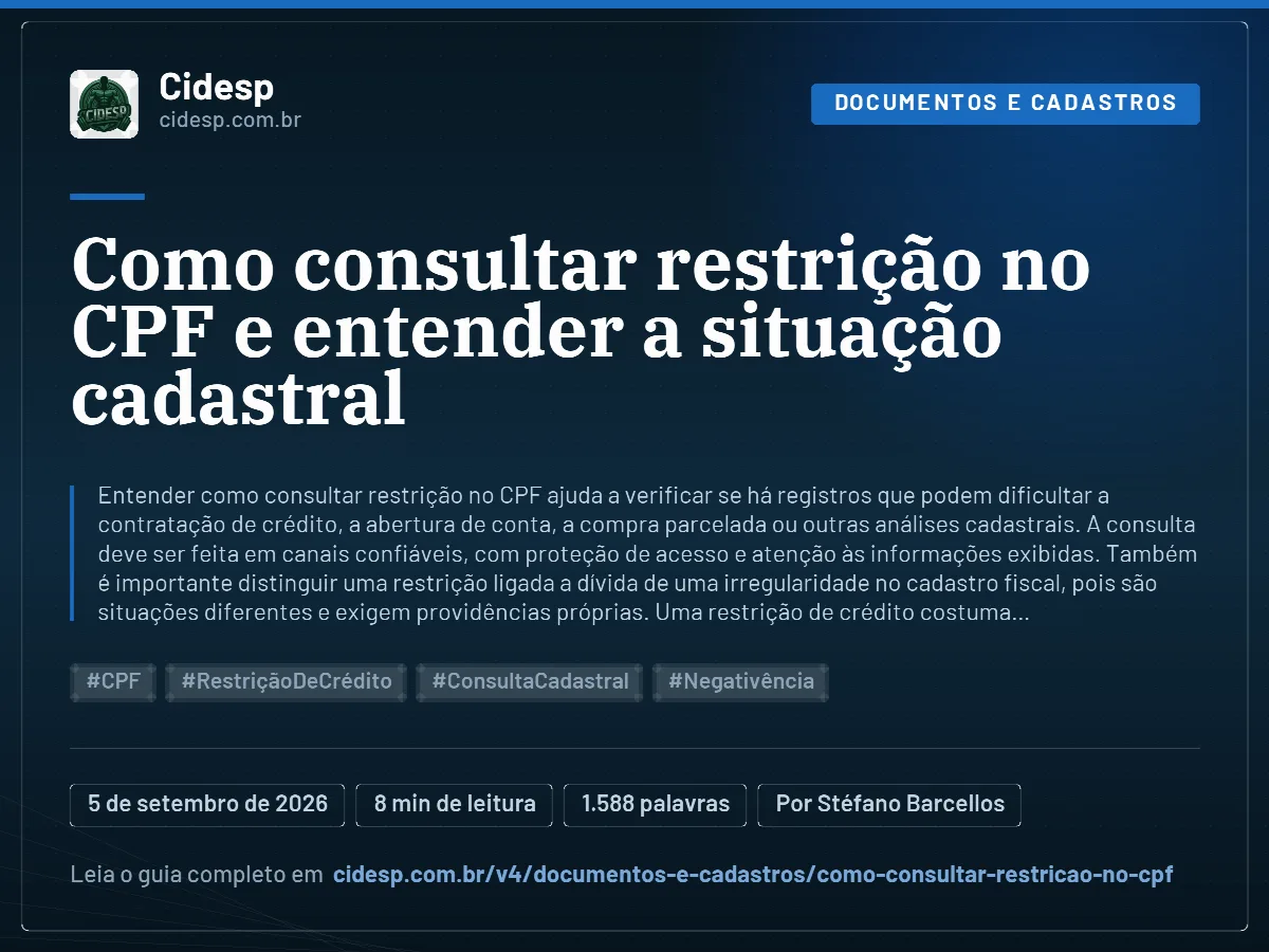 Cartão do artigo “Como consultar restrição no CPF e entender a situação cadastral”, com resumo, data de publicação e endereço da página.