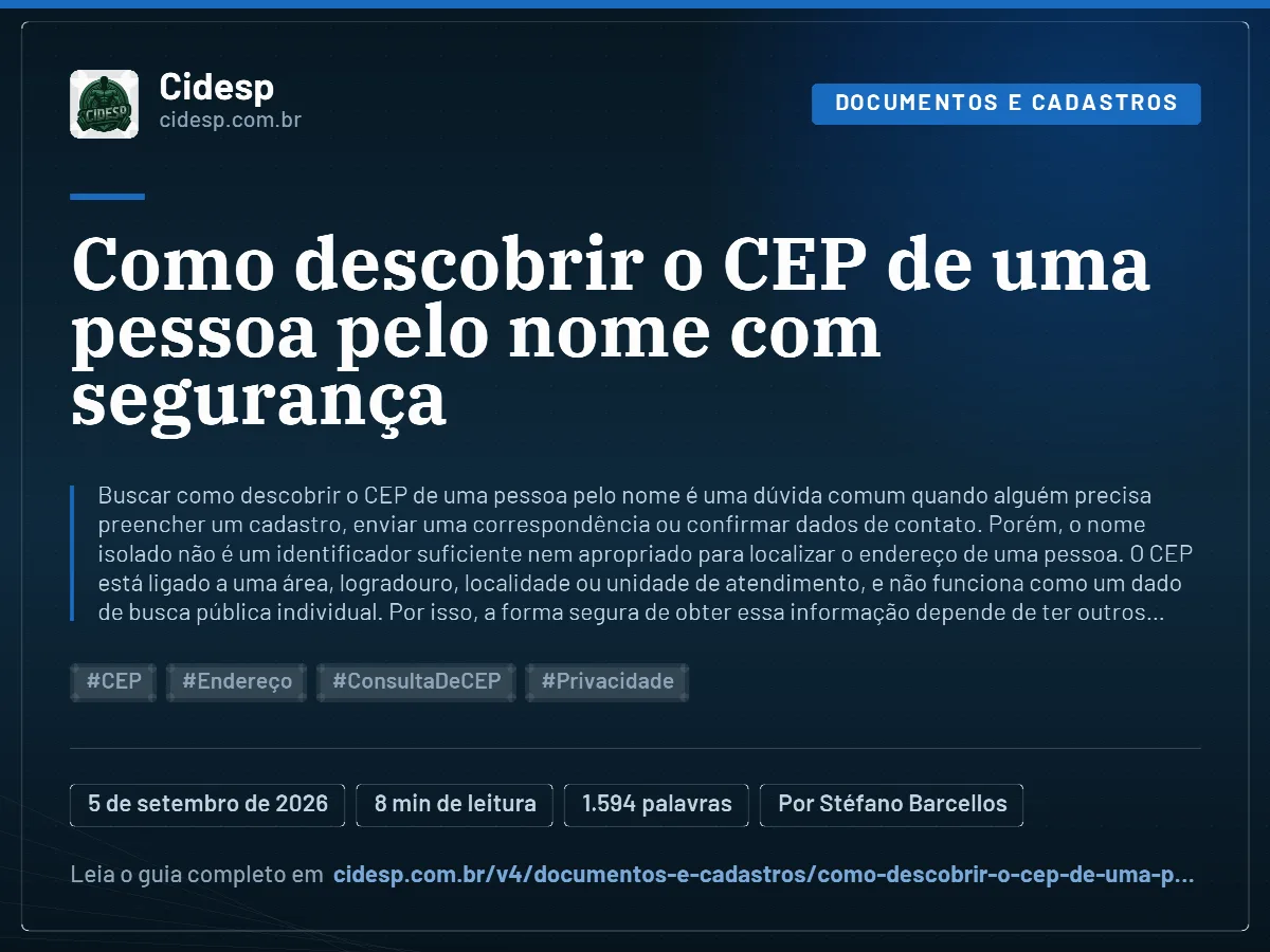 Cartão do artigo “Como descobrir o CEP de uma pessoa pelo nome com segurança”, com resumo, data de publicação e endereço da página.