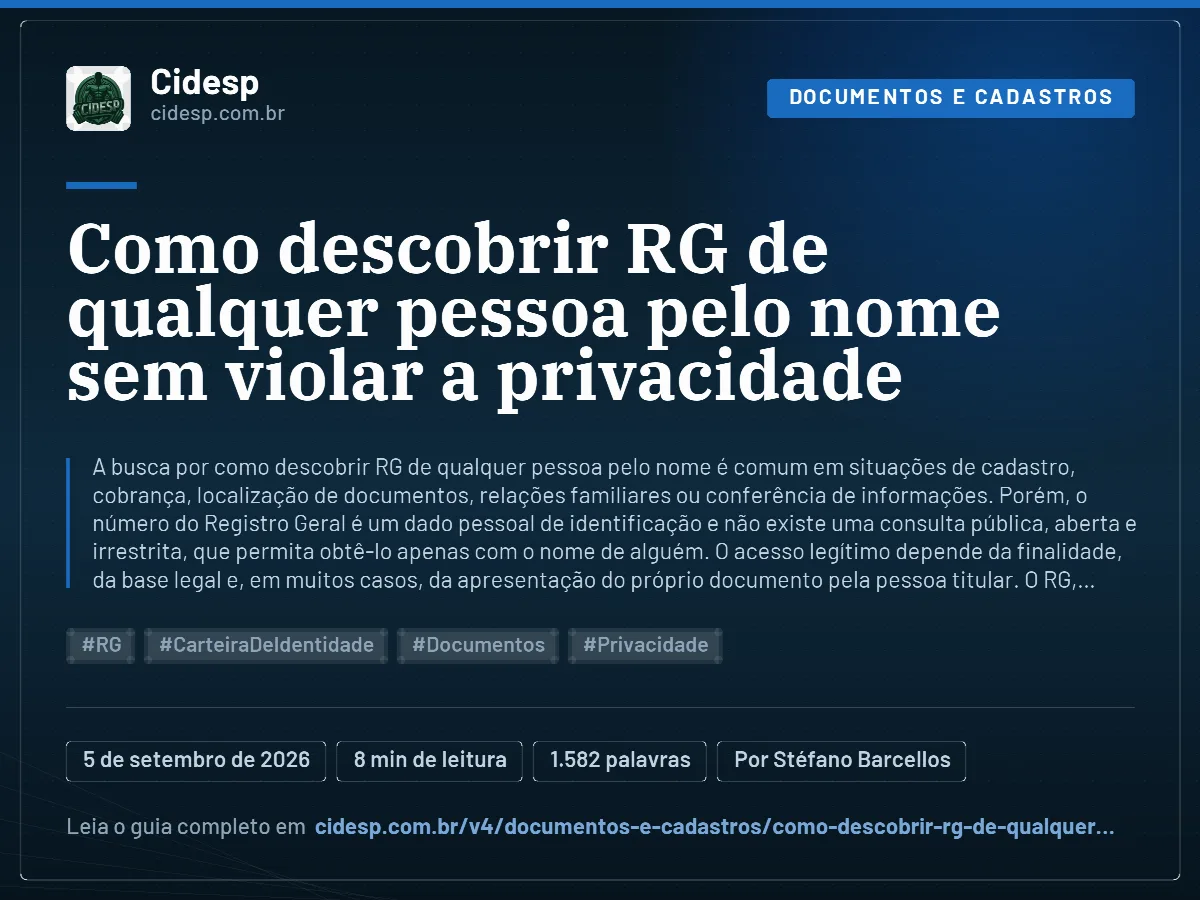 Cartão do artigo “Como descobrir RG de qualquer pessoa pelo nome sem violar a privacidade”, com resumo, data de publicação e endereço da página.