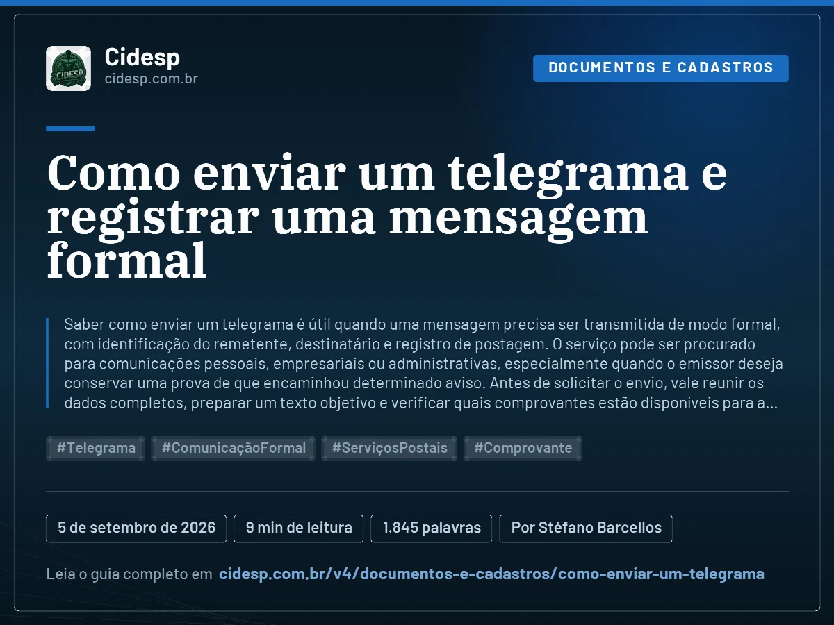 Cartão do artigo “Como enviar um telegrama e registrar uma mensagem formal”, com resumo, data de publicação e endereço da página.