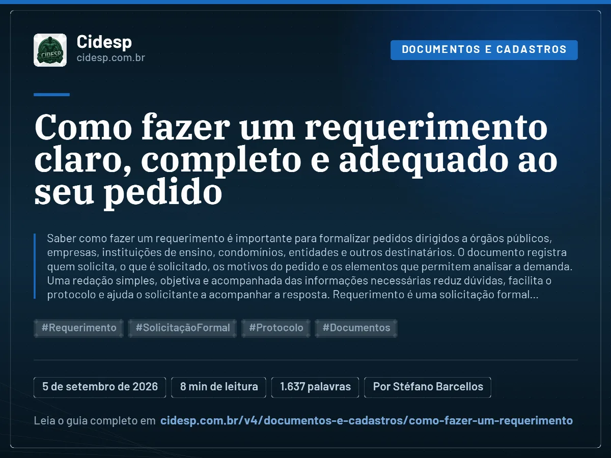 Cartão do artigo “Como fazer um requerimento claro, completo e adequado ao seu pedido”, com resumo, data de publicação e endereço da página.