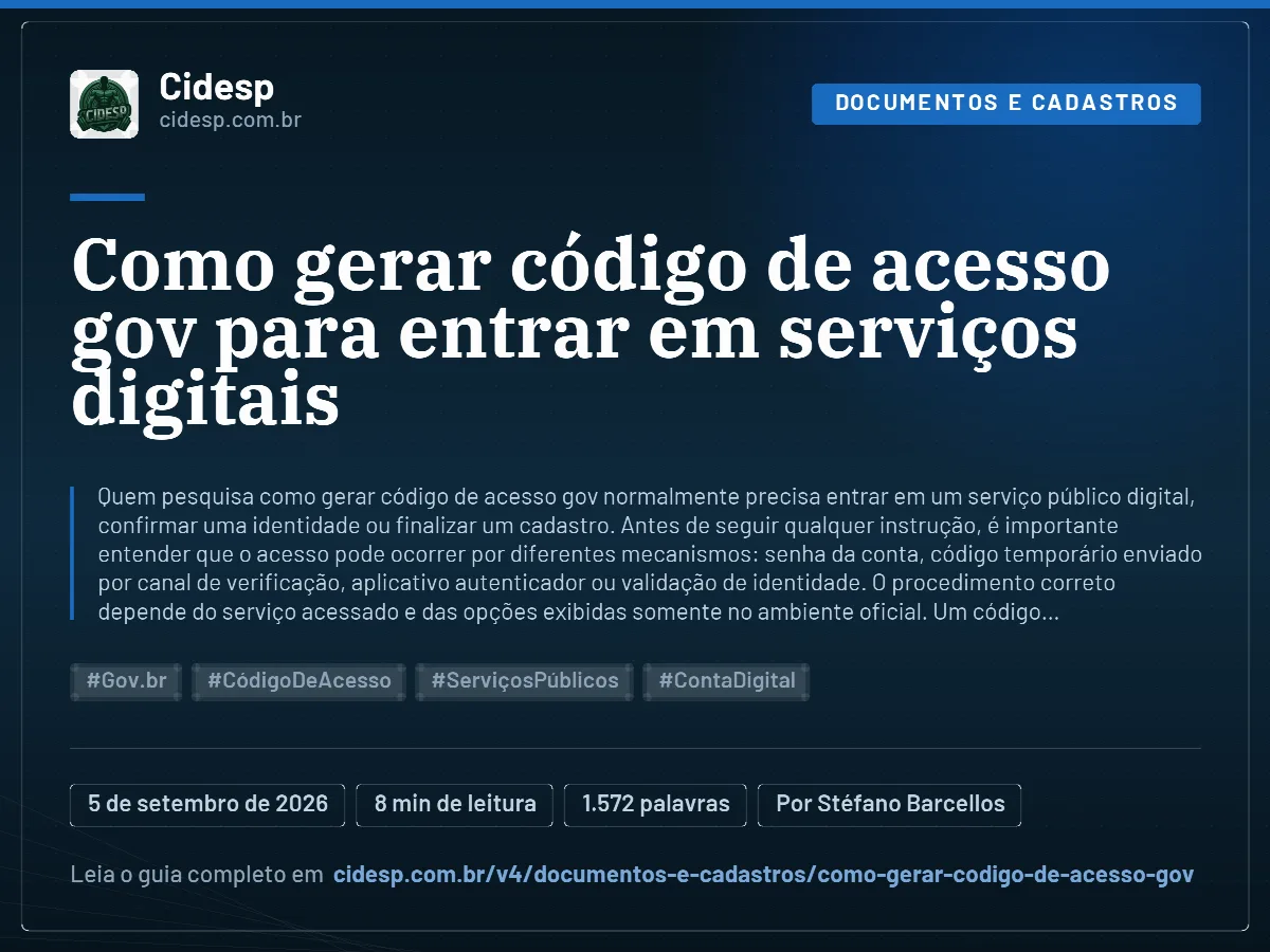 Cartão do artigo “Como gerar código de acesso gov para entrar em serviços digitais”, com resumo, data de publicação e endereço da página.