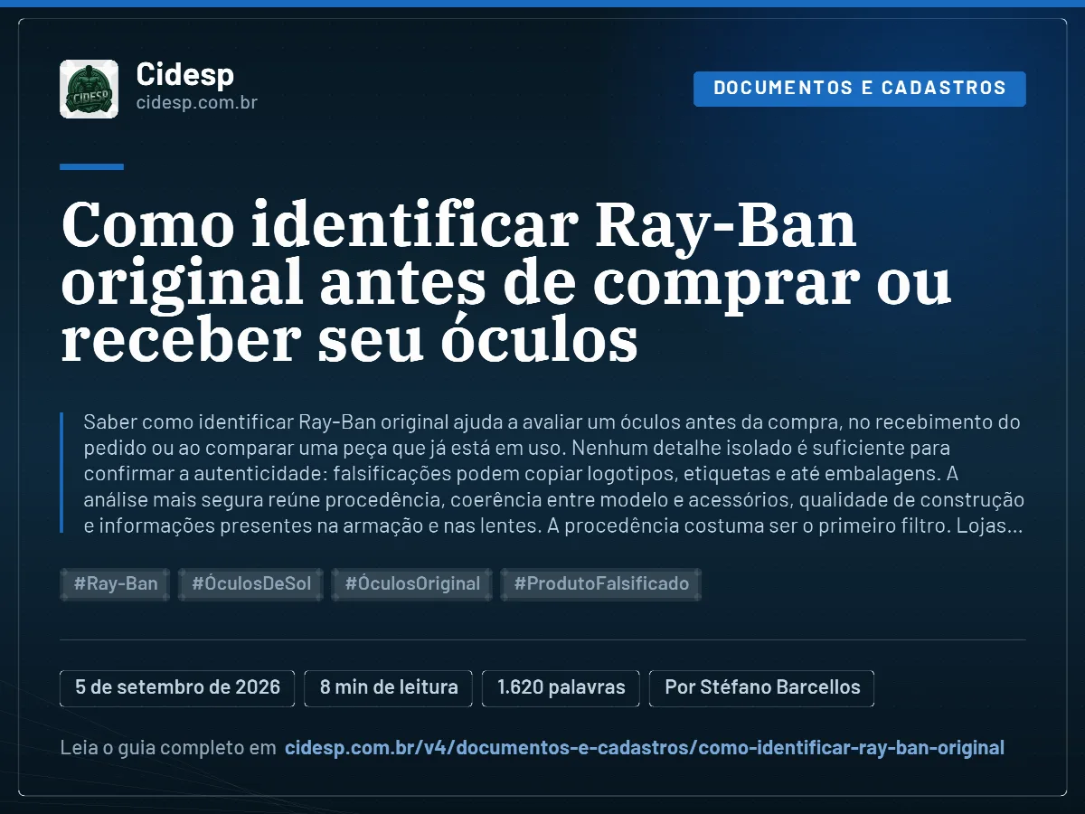 Cartão do artigo “Como identificar Ray-Ban original antes de comprar ou receber seu óculos”, com resumo, data de publicação e endereço da página.