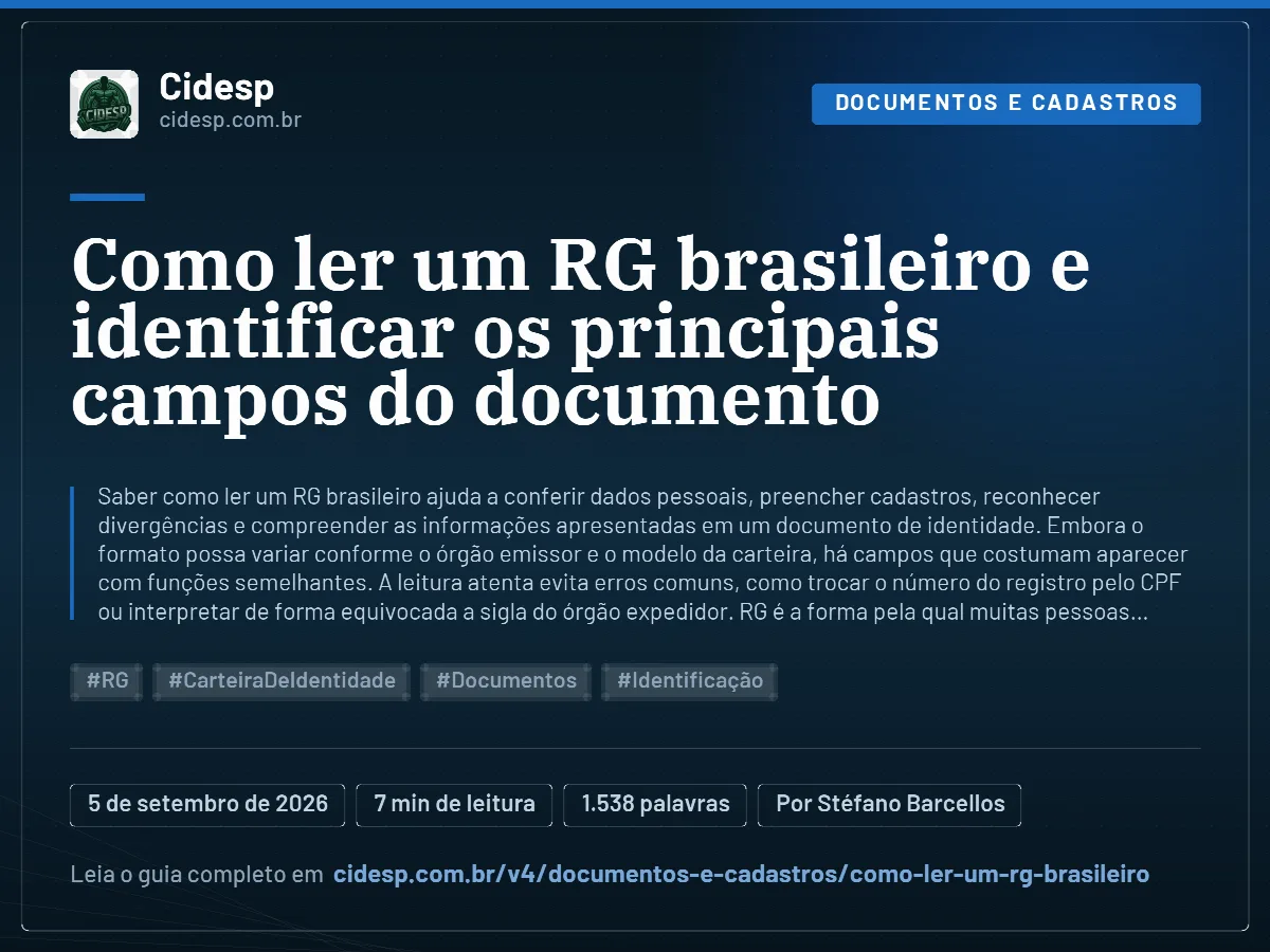 Cartão do artigo “Como ler um RG brasileiro e identificar os principais campos do documento”, com resumo, data de publicação e endereço da página.