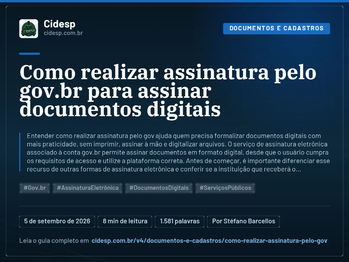 Cartão do artigo “Como realizar assinatura pelo gov.br para assinar documentos digitais”, com resumo, data de publicação e endereço da página.