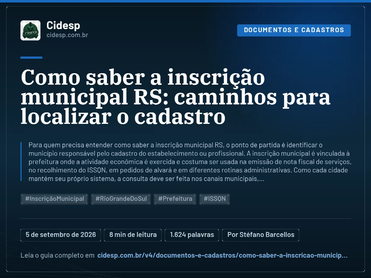Cartão do artigo “Como saber a inscrição municipal RS: caminhos para localizar o cadastro”, com resumo, data de publicação e endereço da página.