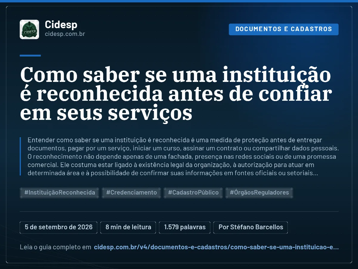 Cartão do artigo “Como saber se uma instituição é reconhecida antes de confiar em seus serviços”, com resumo, data de publicação e endereço da página.